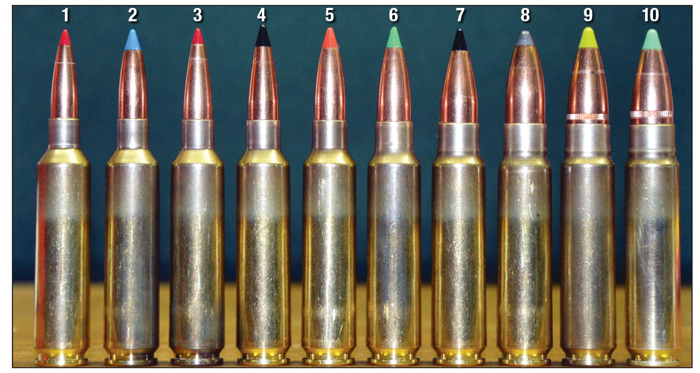 Soon after the .284 Winchester was introduced in 1963, the case was necked up and down to various calibers with the 6mm-284 and .25-284 initially the most popular. The cases are all formed from Lapua 6.5-284 brass: (1) 6mm-284, (2) .25-284, (3) 6.5-284, (4) .27-284, (5) .284 Winchester, (6) .30-384, (7) .33-284, (8) .35-284, (9) 9.3-284 and (10) .375-284.